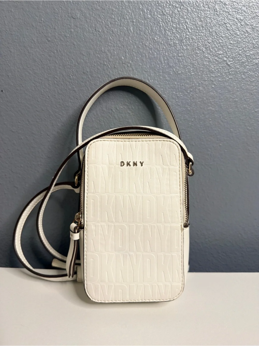 DKNY White Embossed Logo Crossbody Phone Pouch Purse Handbag